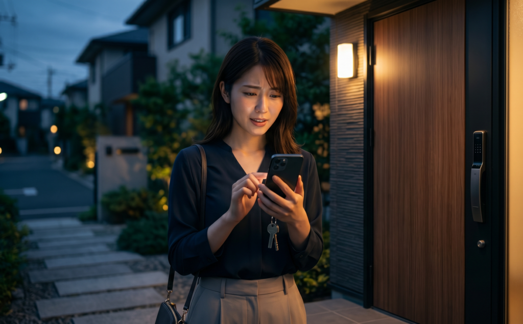 夜の住宅の玄関前で、鍵が開かずに困った様子でスマホのAI見積もりを利用する女性（鍵屋プラシル）