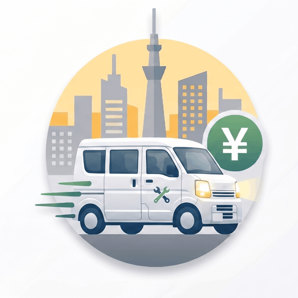 東京の街並みを背景に、スピード急行する作業車と安さを表す円マークが描かれた丸型アイコン（鍵屋プラシル）